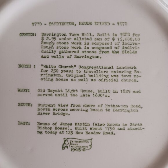 Vintage 10" Plate Barrington RI Bicentennial 1770 1970 Kettlesprings Kilns - Picture 4 of 5